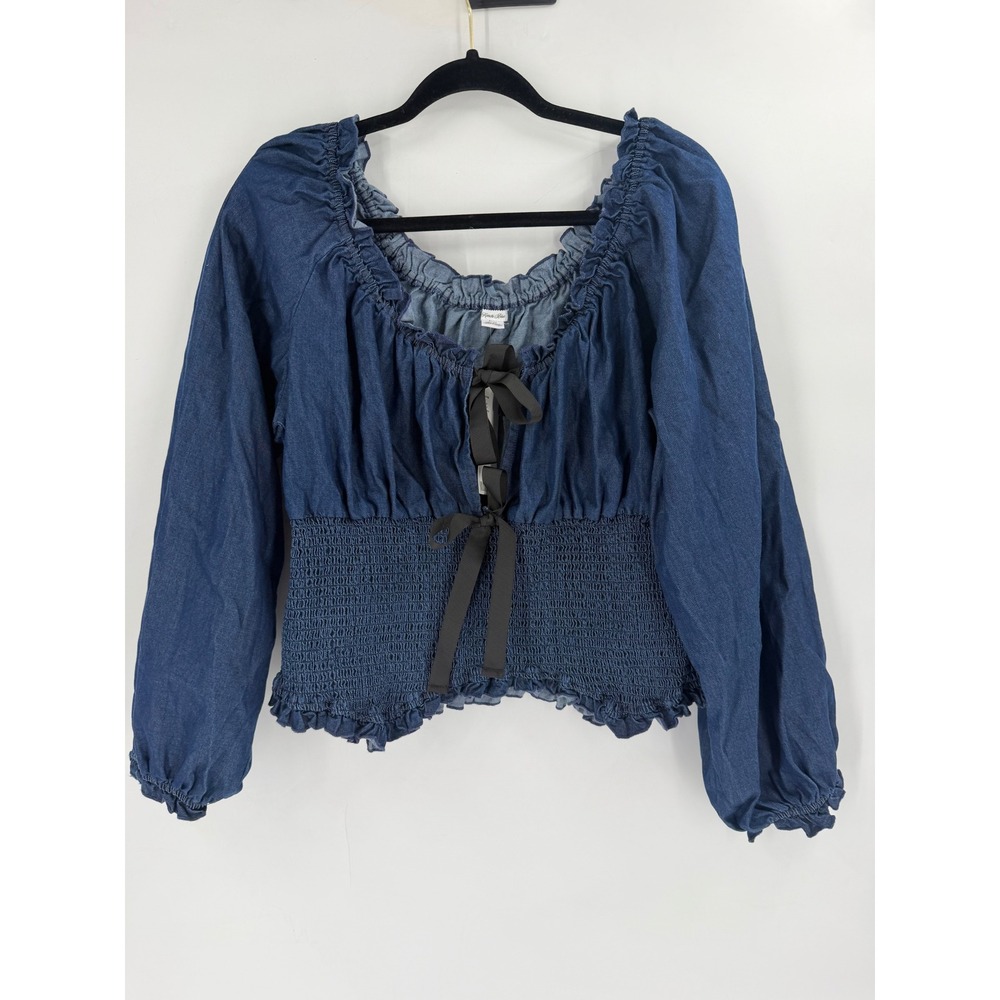 NWT Kimchi Blue Marley Denim Top Womens XL Blue Bow Smocked Coquette Cottagecore - Picture 3 of 10